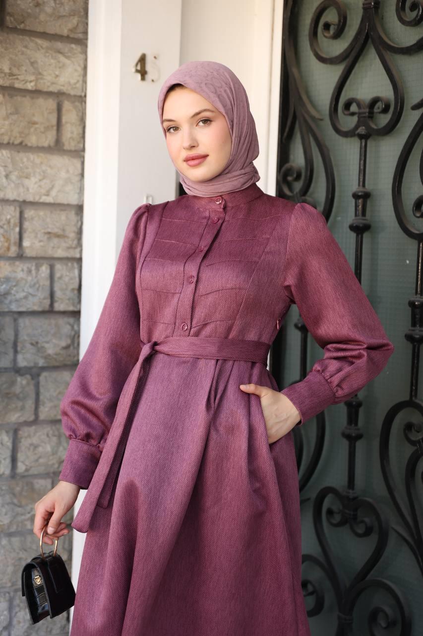 7060 Kruvaze Düğmeli Elbise - Gül kurusu