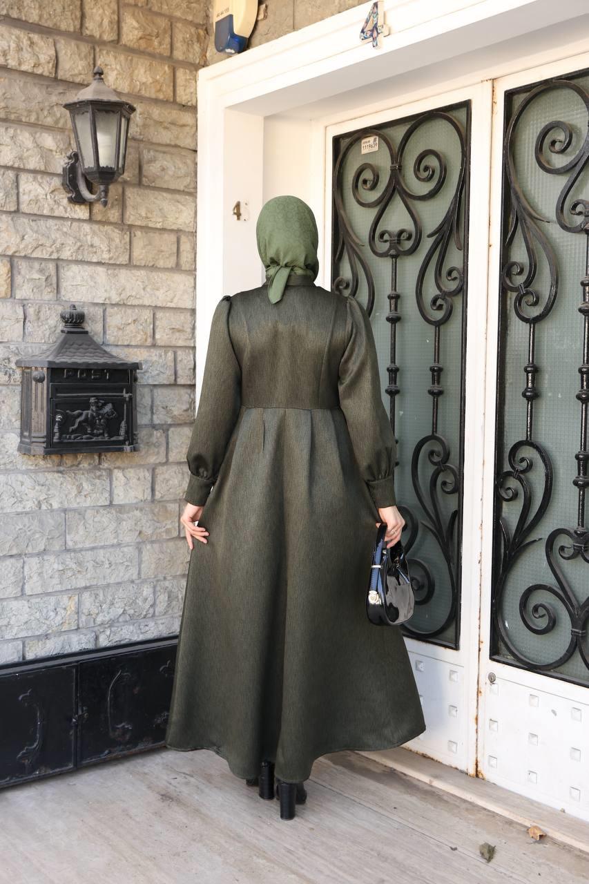 7060 Kruvaze Düğmeli Elbise - Haki