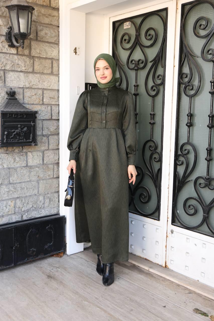 7060 Kruvaze Düğmeli Elbise - Haki