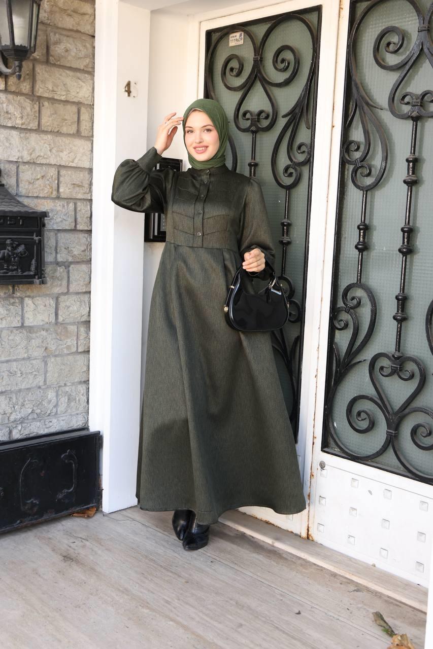 7060 Kruvaze Düğmeli Elbise - Haki