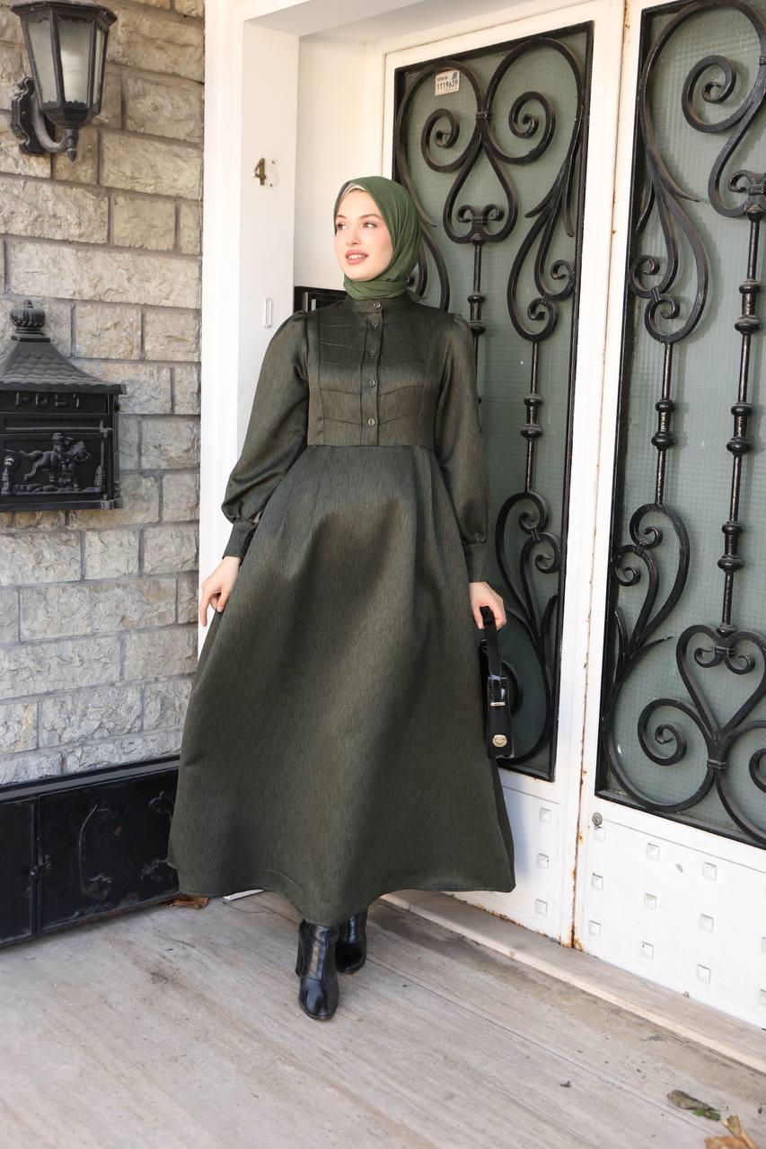 7060 Kruvaze Düğmeli Elbise - Haki