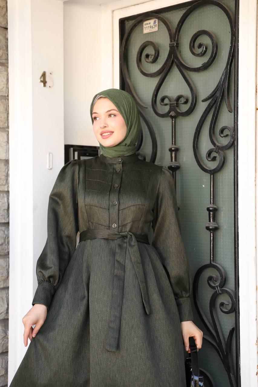 7060 Kruvaze Düğmeli Elbise - Haki