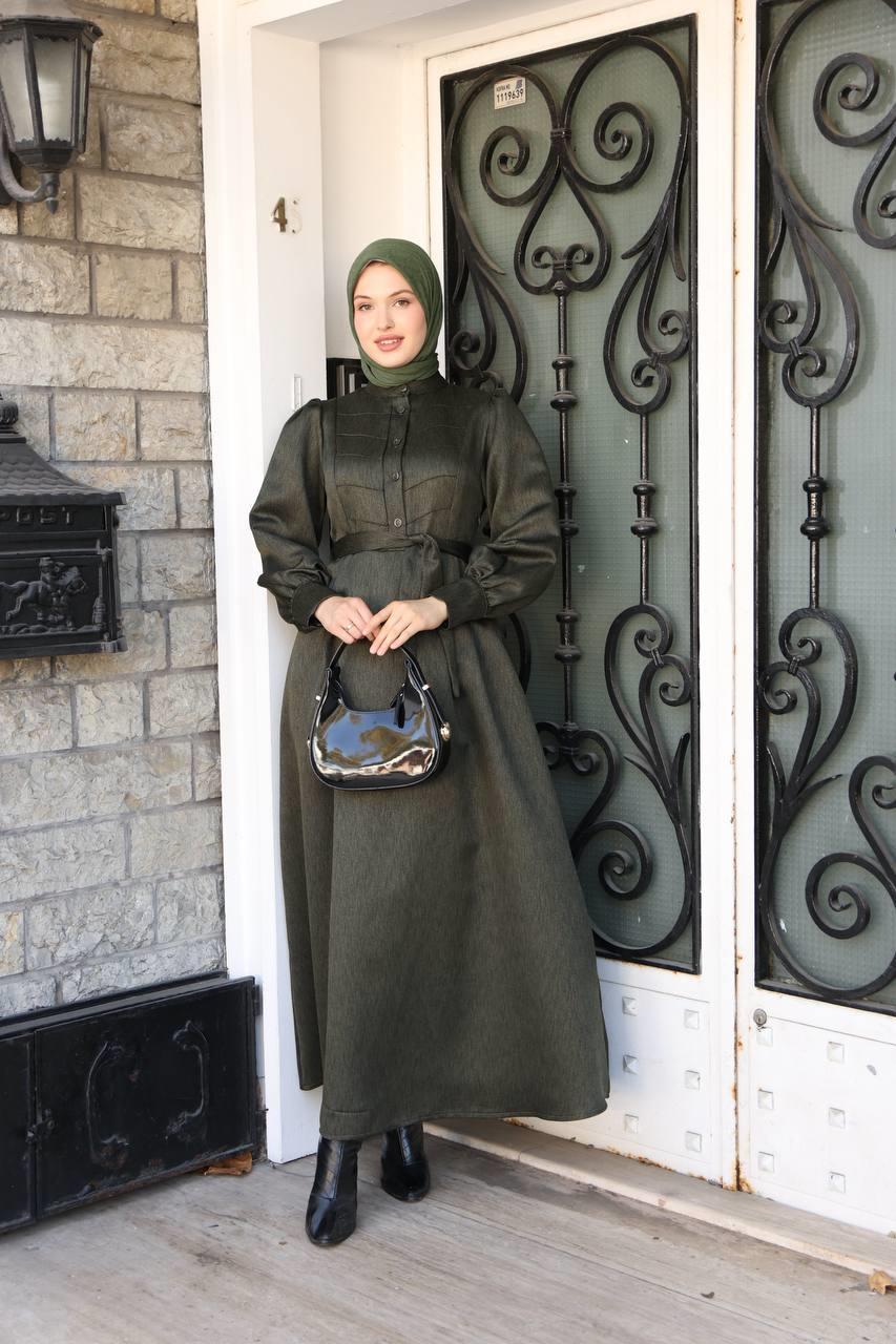 7060 Kruvaze Düğmeli Elbise - Haki