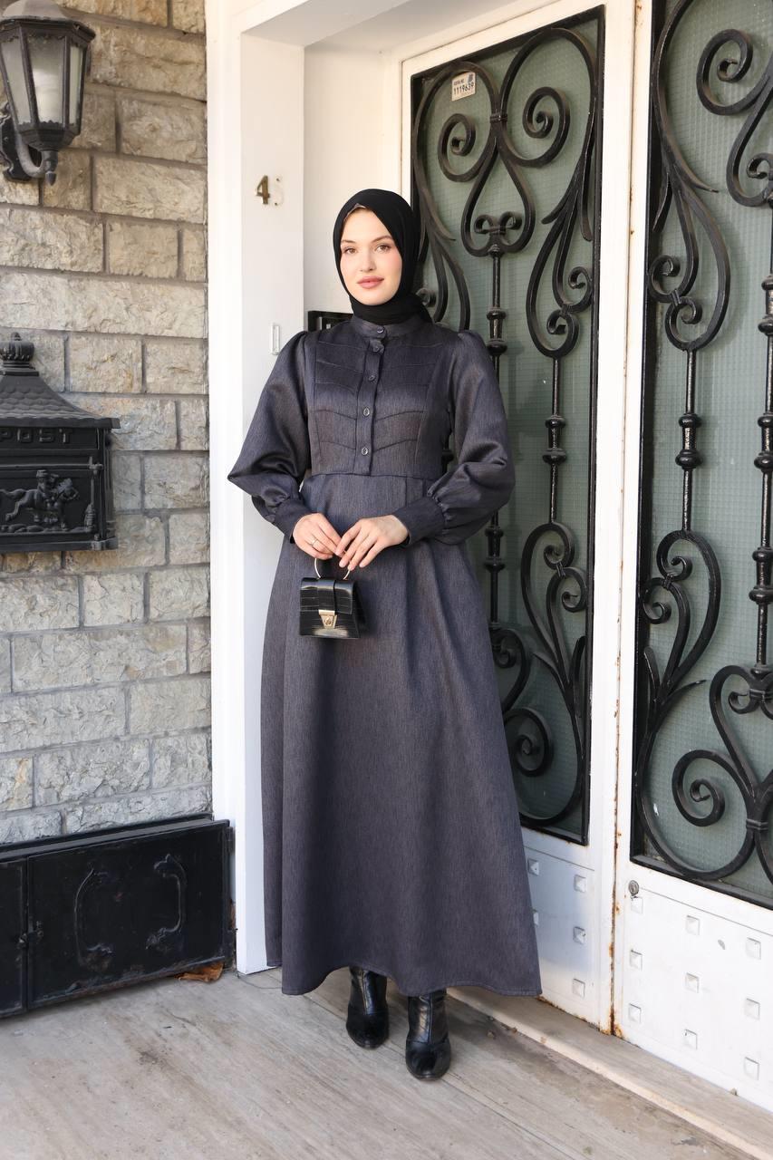 7060 Kruvaze Düğmeli Elbise - Koyu Gri