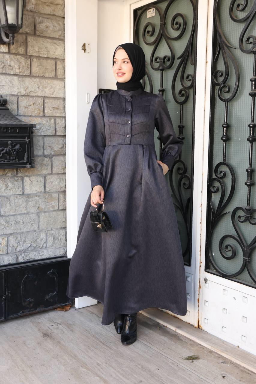 7060 Kruvaze Düğmeli Elbise - Koyu Gri