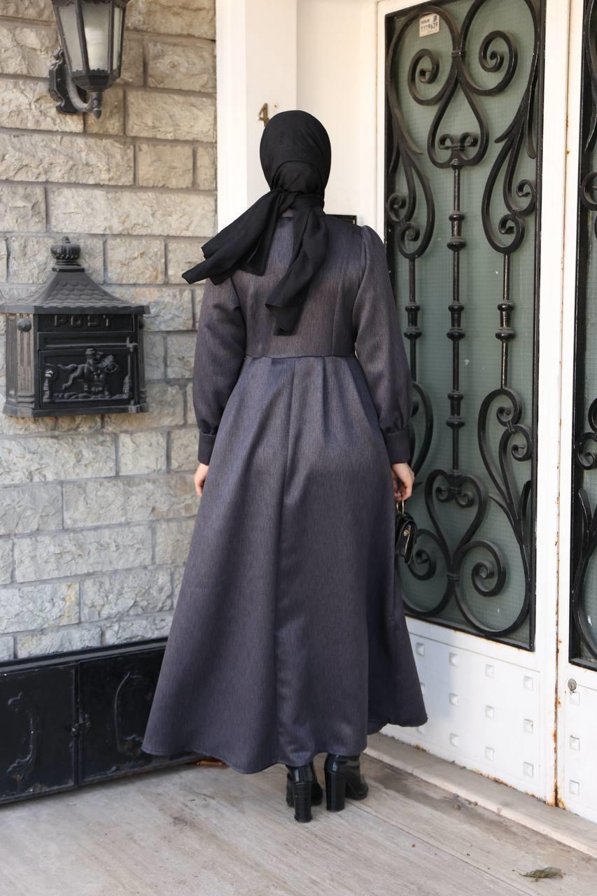 7060 Kruvaze Düğmeli Elbise - Koyu Gri