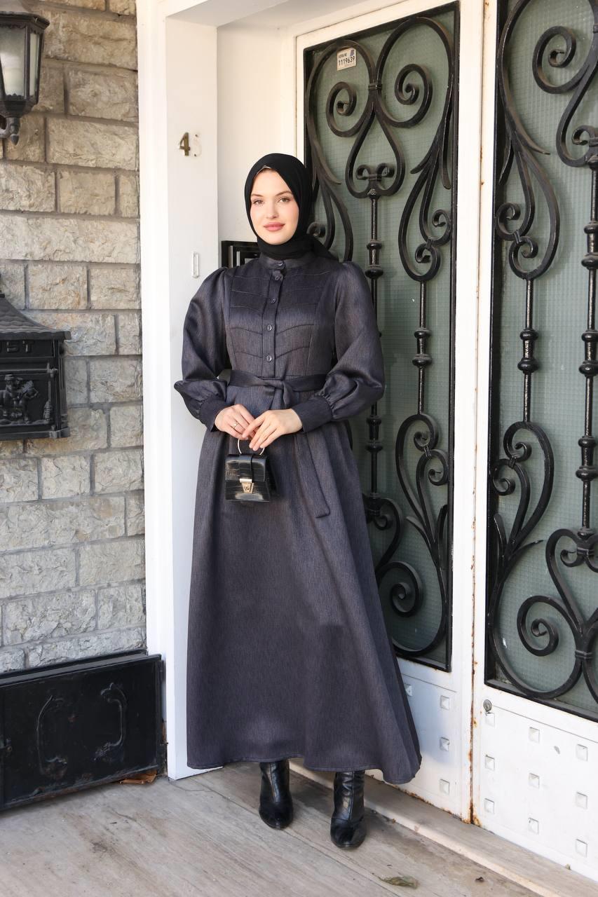7060 Kruvaze Düğmeli Elbise - Koyu Gri