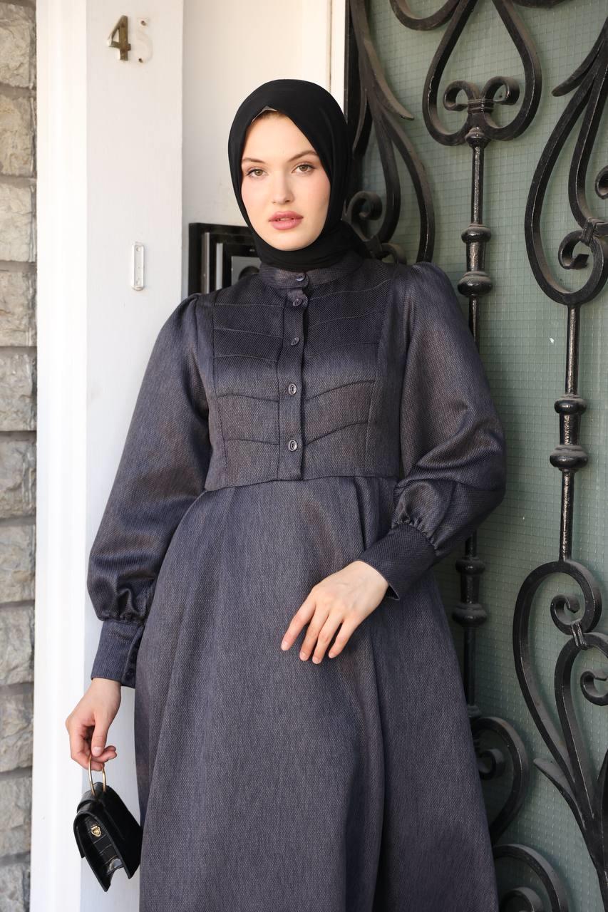 7060 Kruvaze Düğmeli Elbise - Koyu Gri