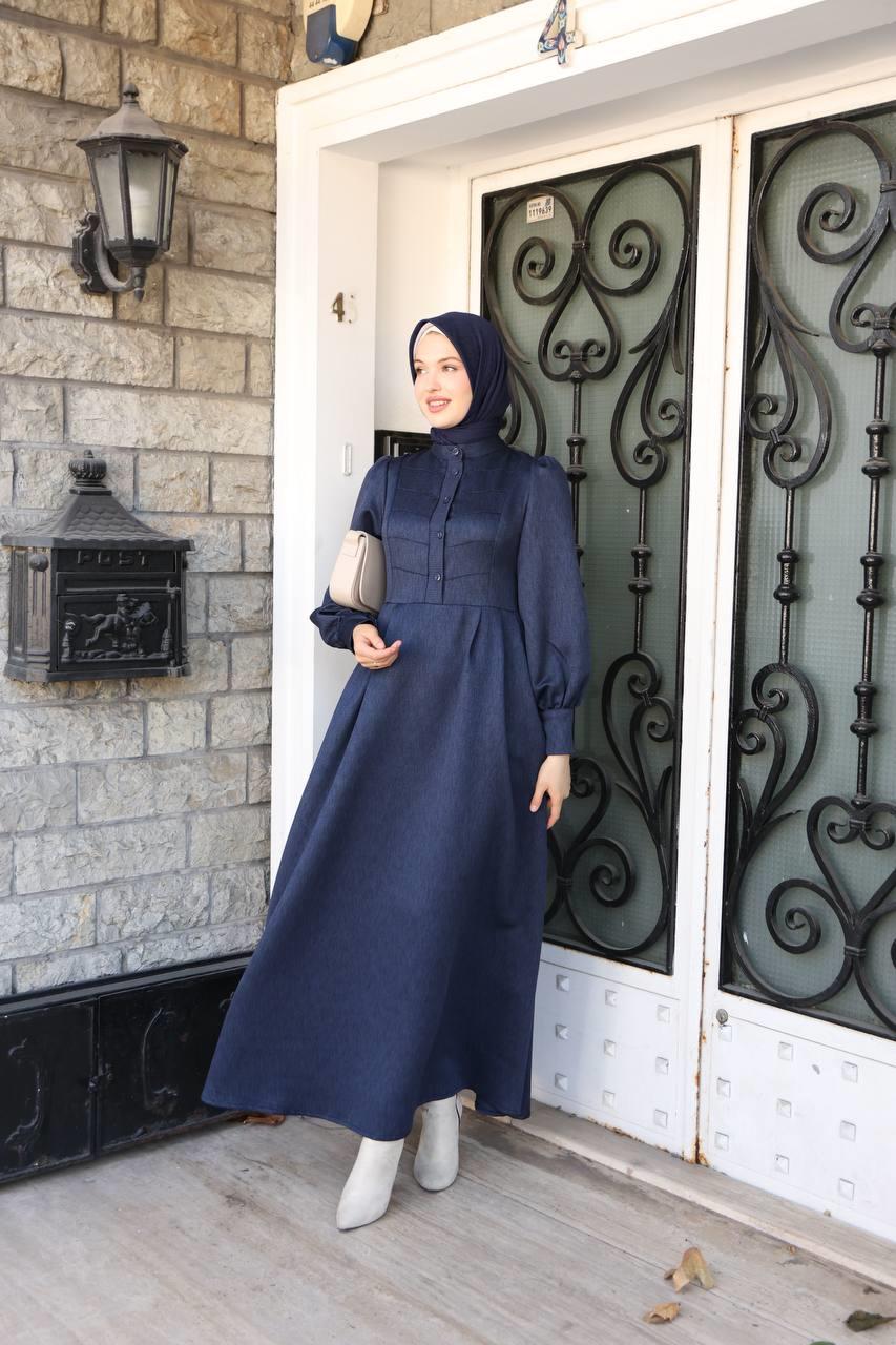 7060 Kruvaze Düğmeli Elbise - Lacivert