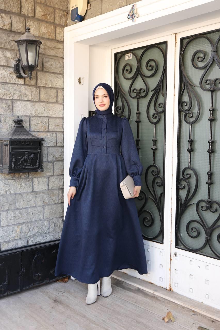 7060 Kruvaze Düğmeli Elbise - Lacivert