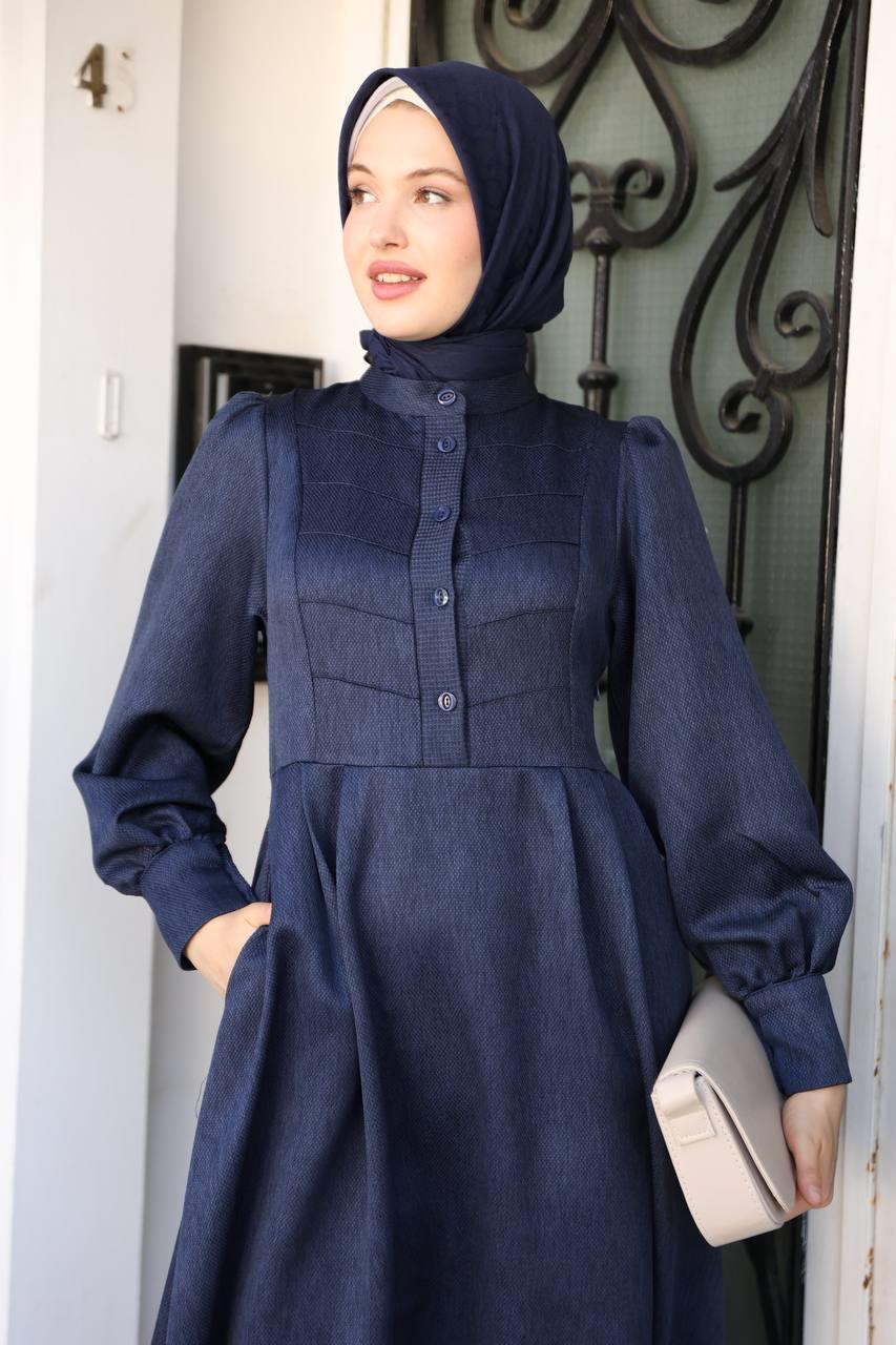 7060 Kruvaze Düğmeli Elbise - Lacivert