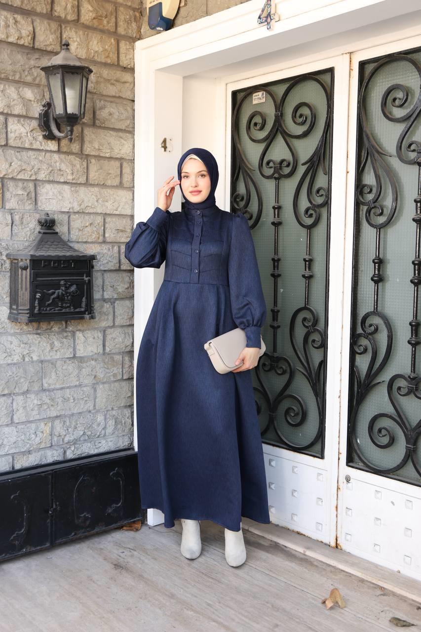 7060 Kruvaze Düğmeli Elbise - Lacivert