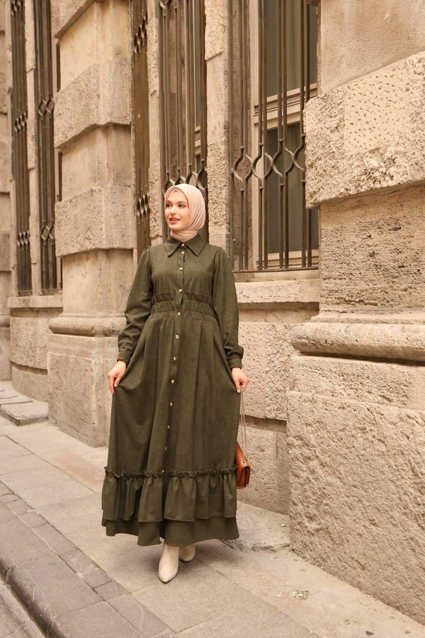 7063 Fırfırlı Kışlık Elbise - Haki