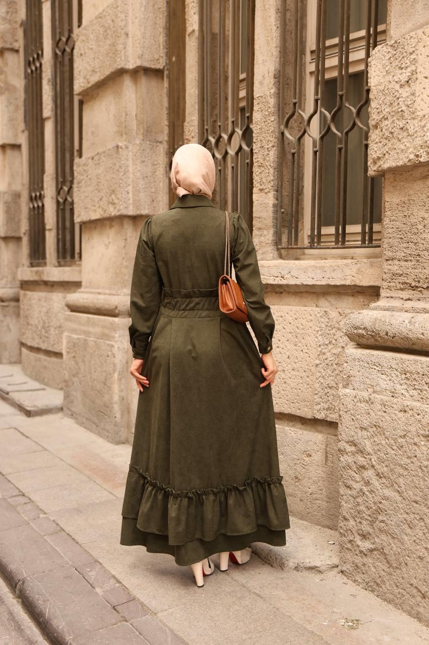 7063 Fırfırlı Kışlık Elbise - Haki