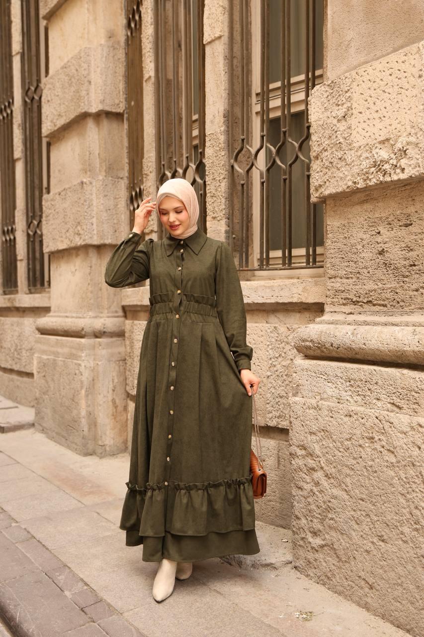 7063 Fırfırlı Kışlık Elbise - Haki