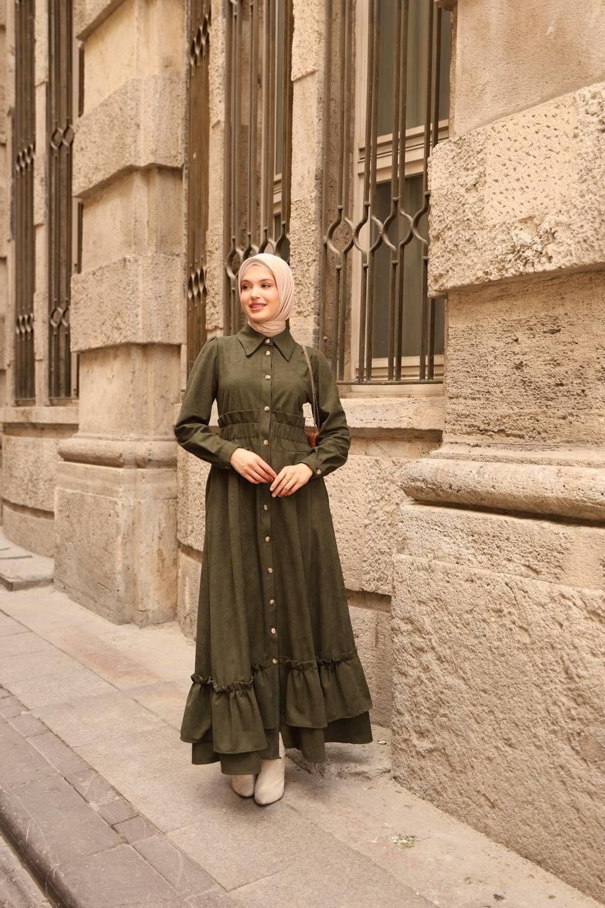 7063 Fırfırlı Kışlık Elbise - Haki