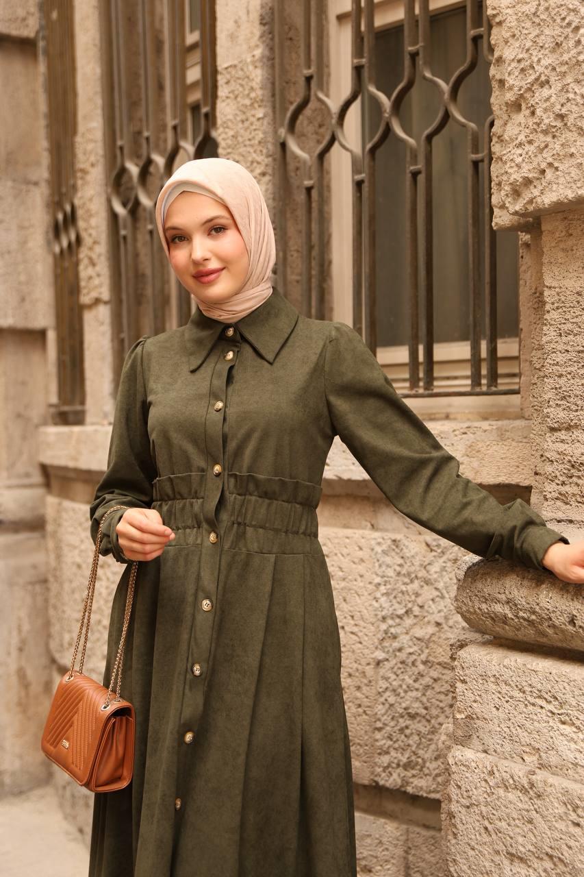7063 Fırfırlı Kışlık Elbise - Haki