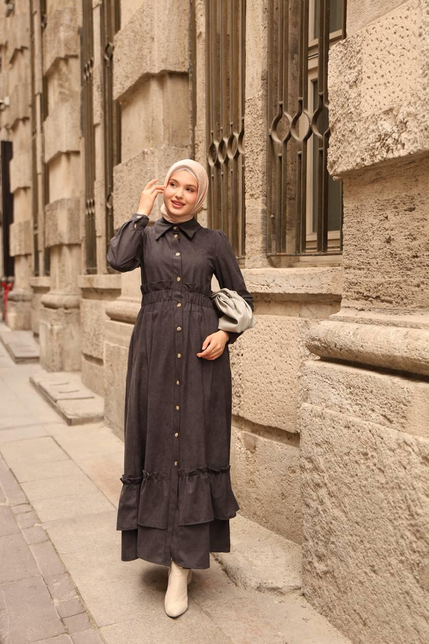 7063 Fırfırlı Kışlık Elbise - Koyu Gri