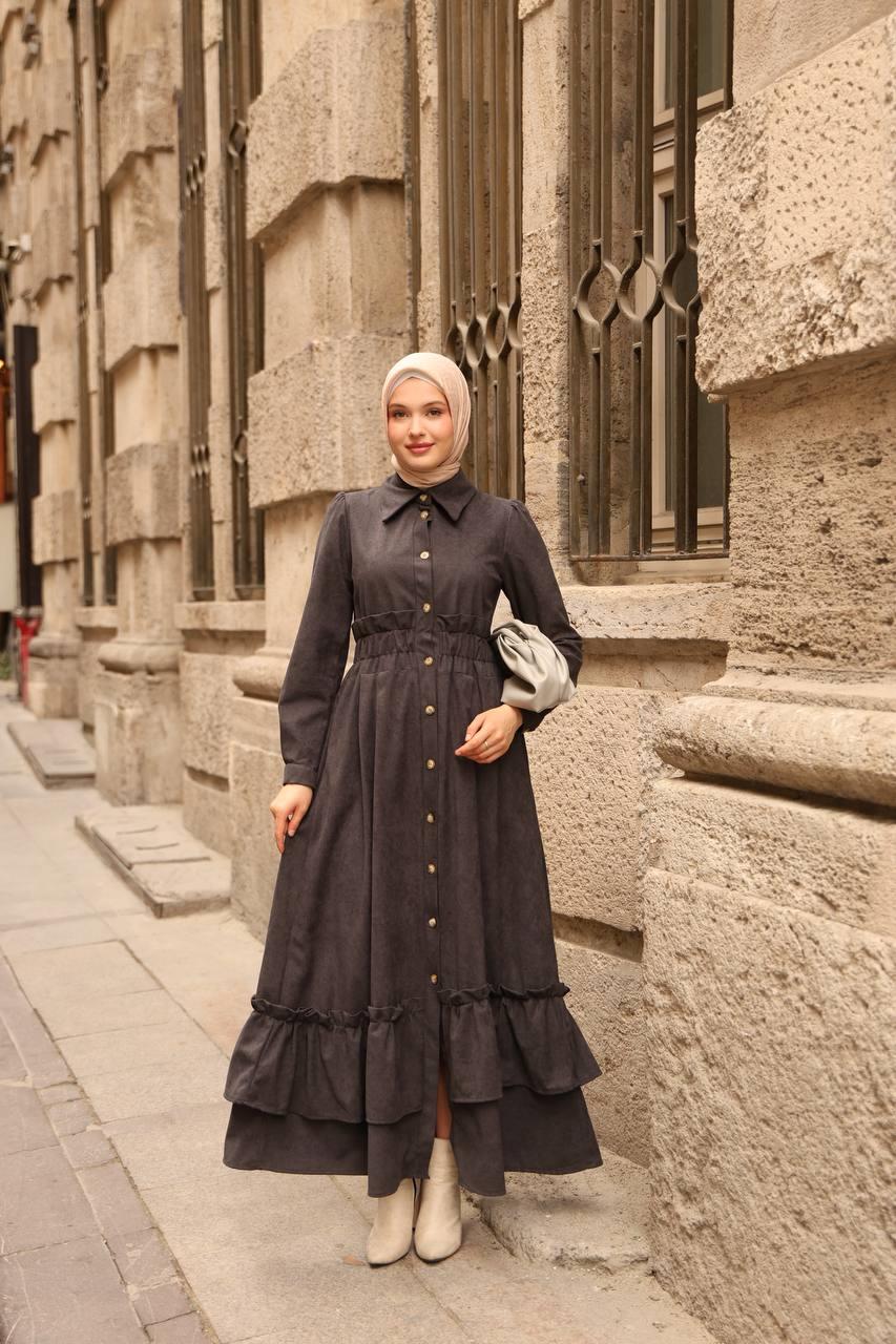 7063 Fırfırlı Kışlık Elbise - Koyu Gri