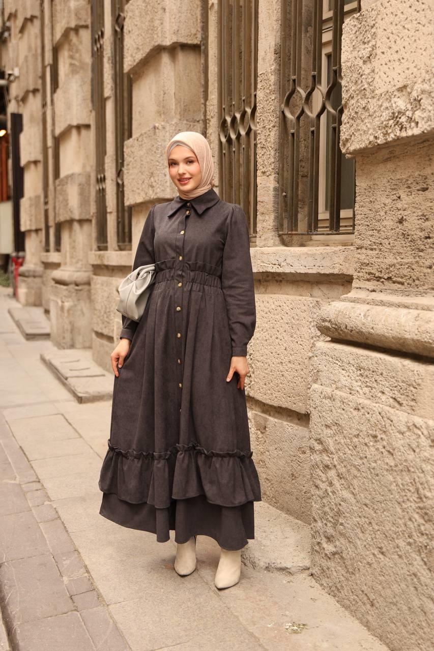 7063 Fırfırlı Kışlık Elbise - Koyu Gri