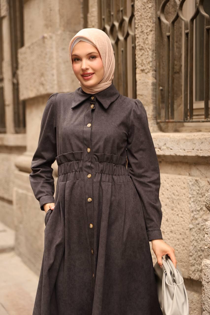 7063 Fırfırlı Kışlık Elbise - Koyu Gri
