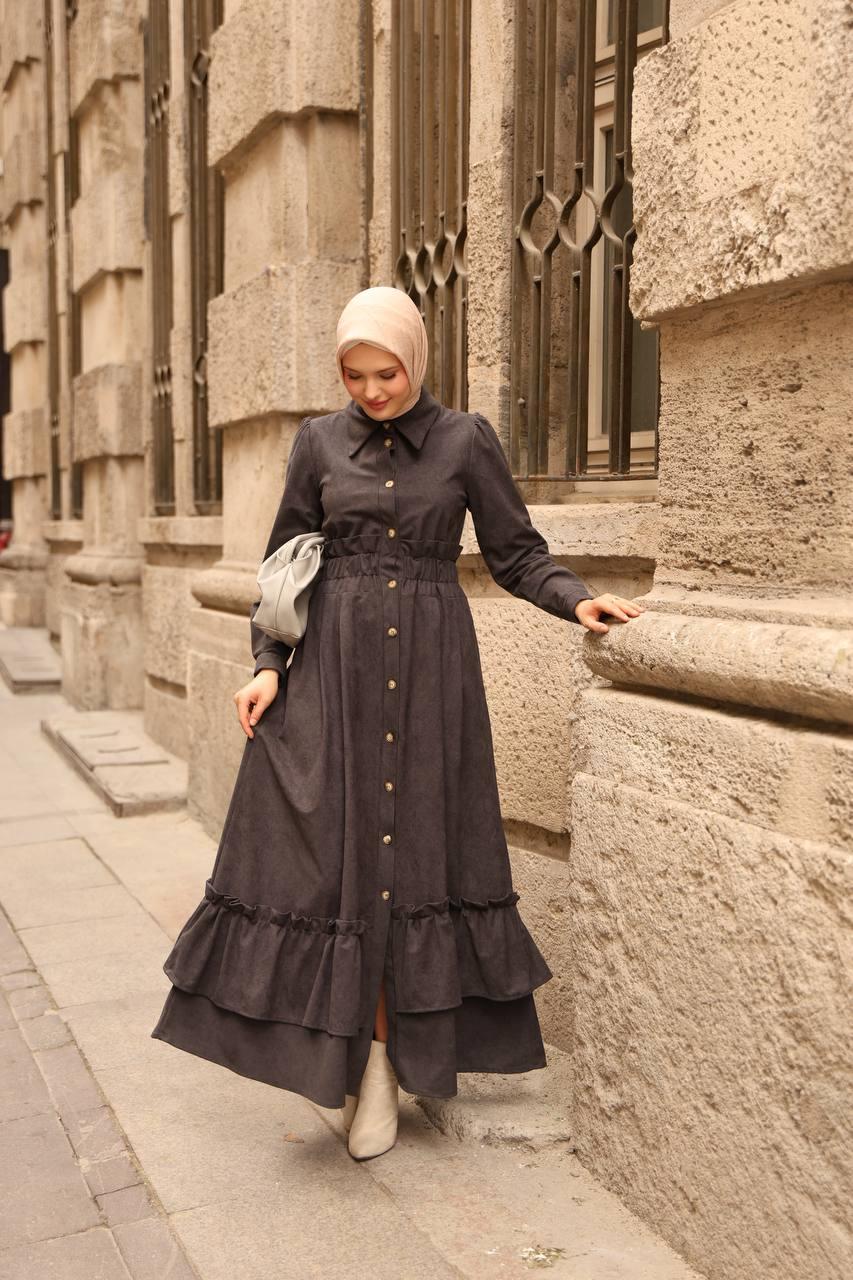 7063 Fırfırlı Kışlık Elbise - Koyu Gri