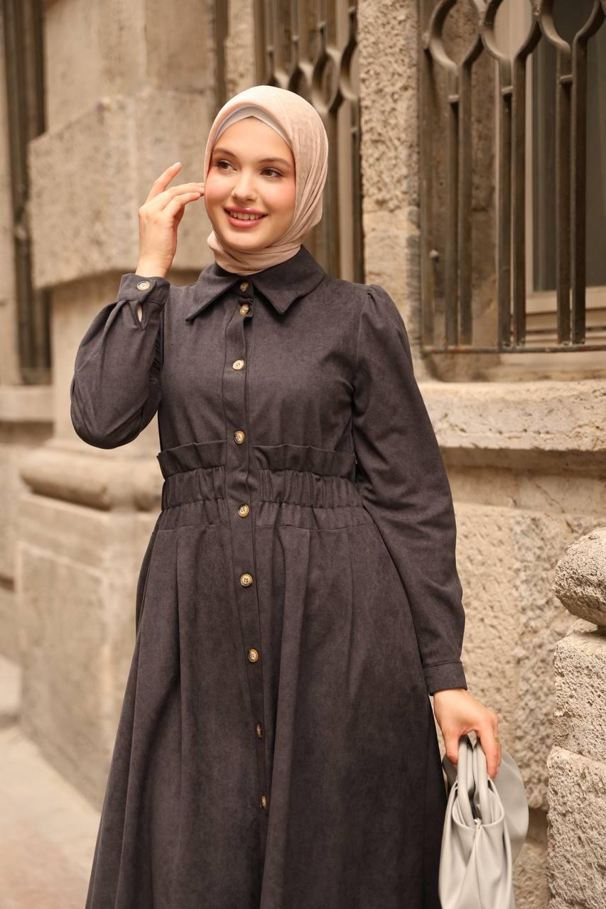 7063 Fırfırlı Kışlık Elbise - Koyu Gri