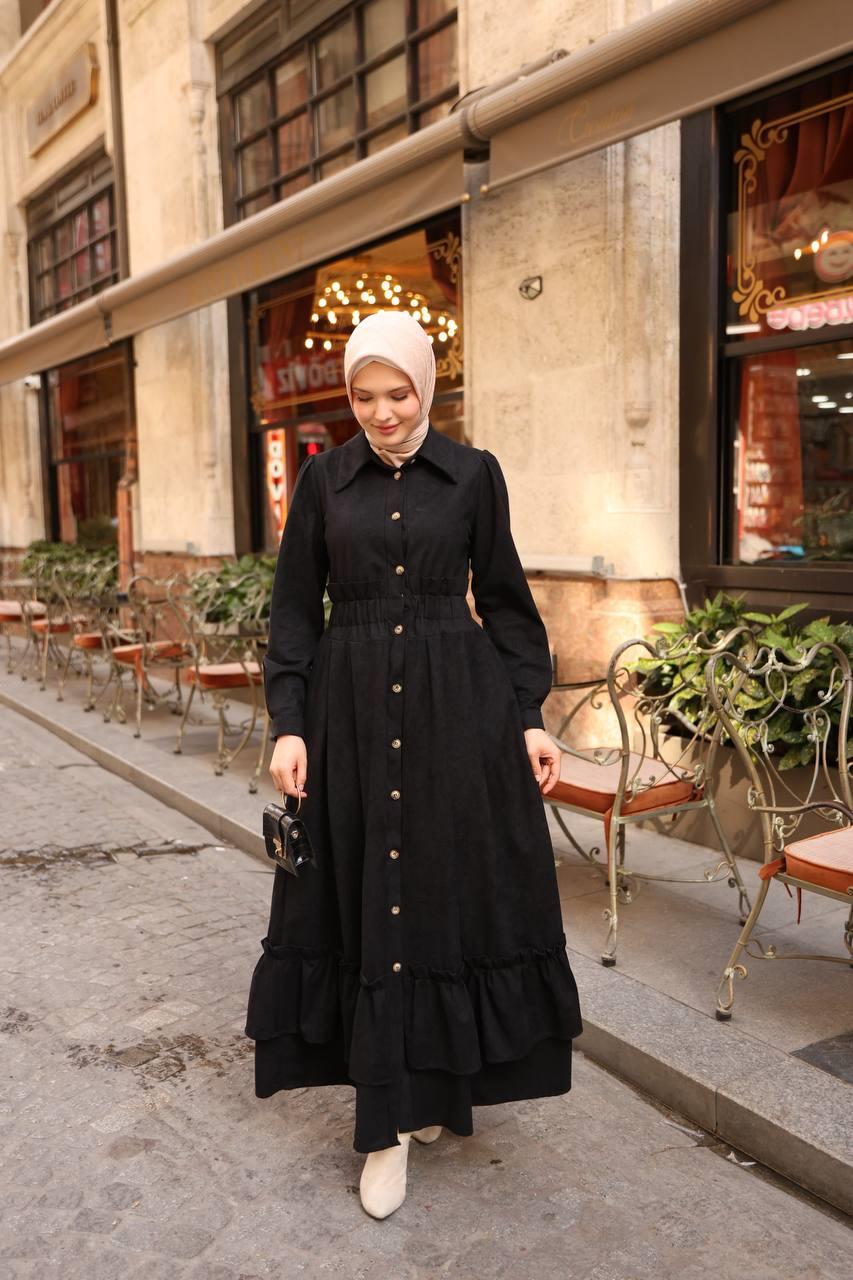 7063 Fırfırlı Kışlık Elbise - Siyah