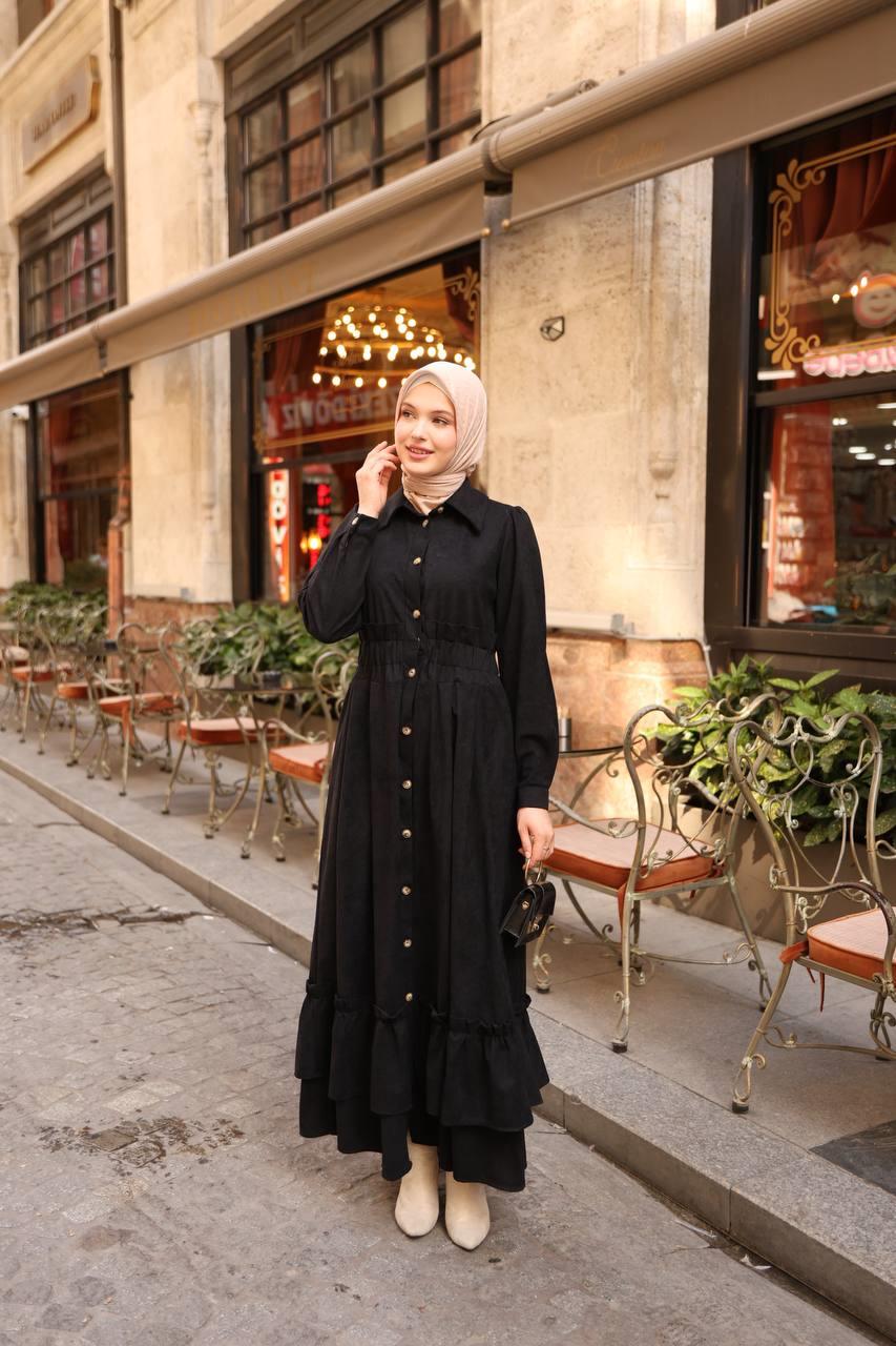 7063 Fırfırlı Kışlık Elbise - Siyah