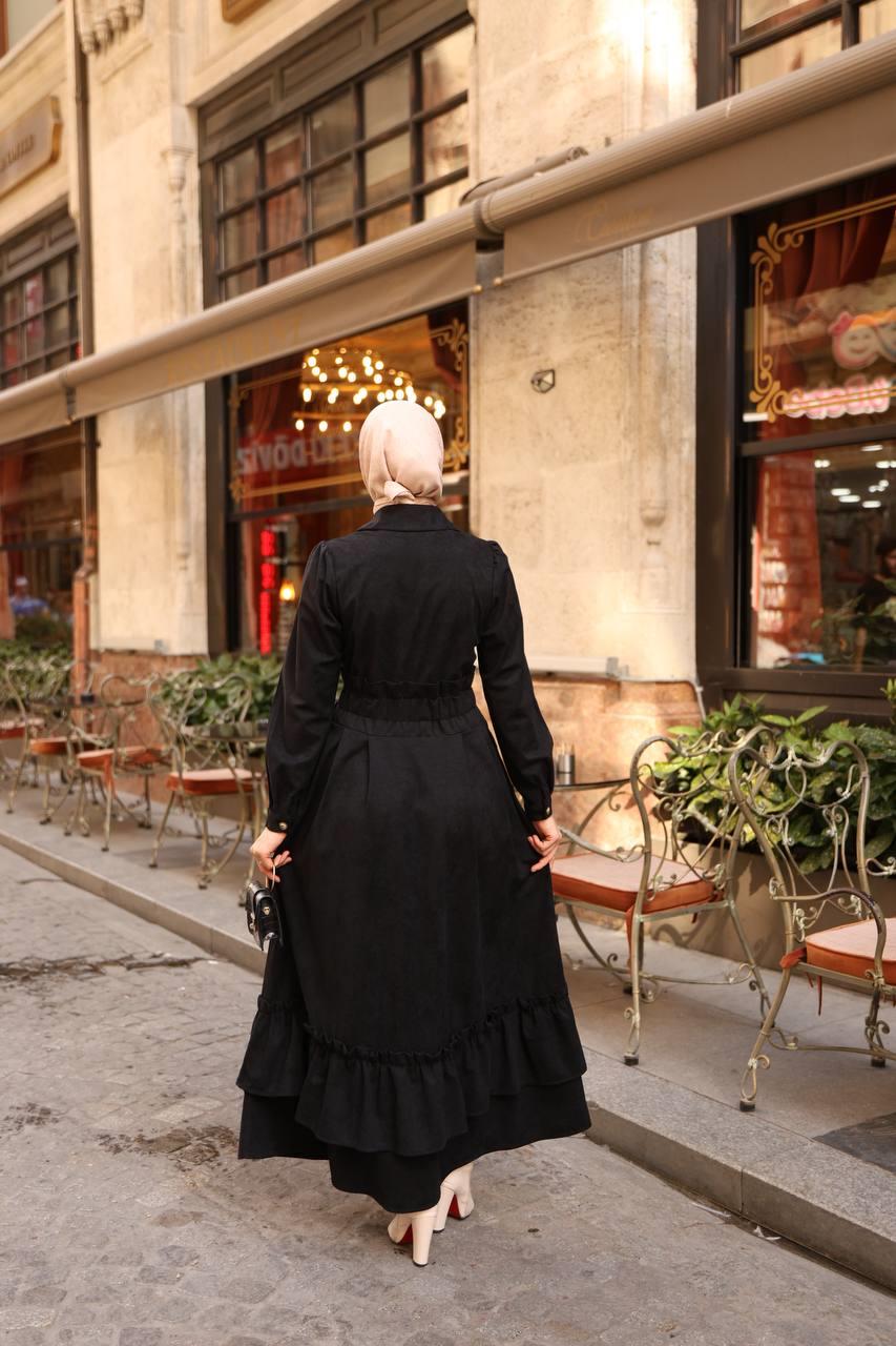 7063 Fırfırlı Kışlık Elbise - Siyah