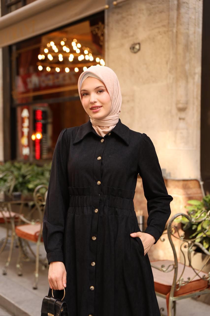 7063 Fırfırlı Kışlık Elbise - Siyah