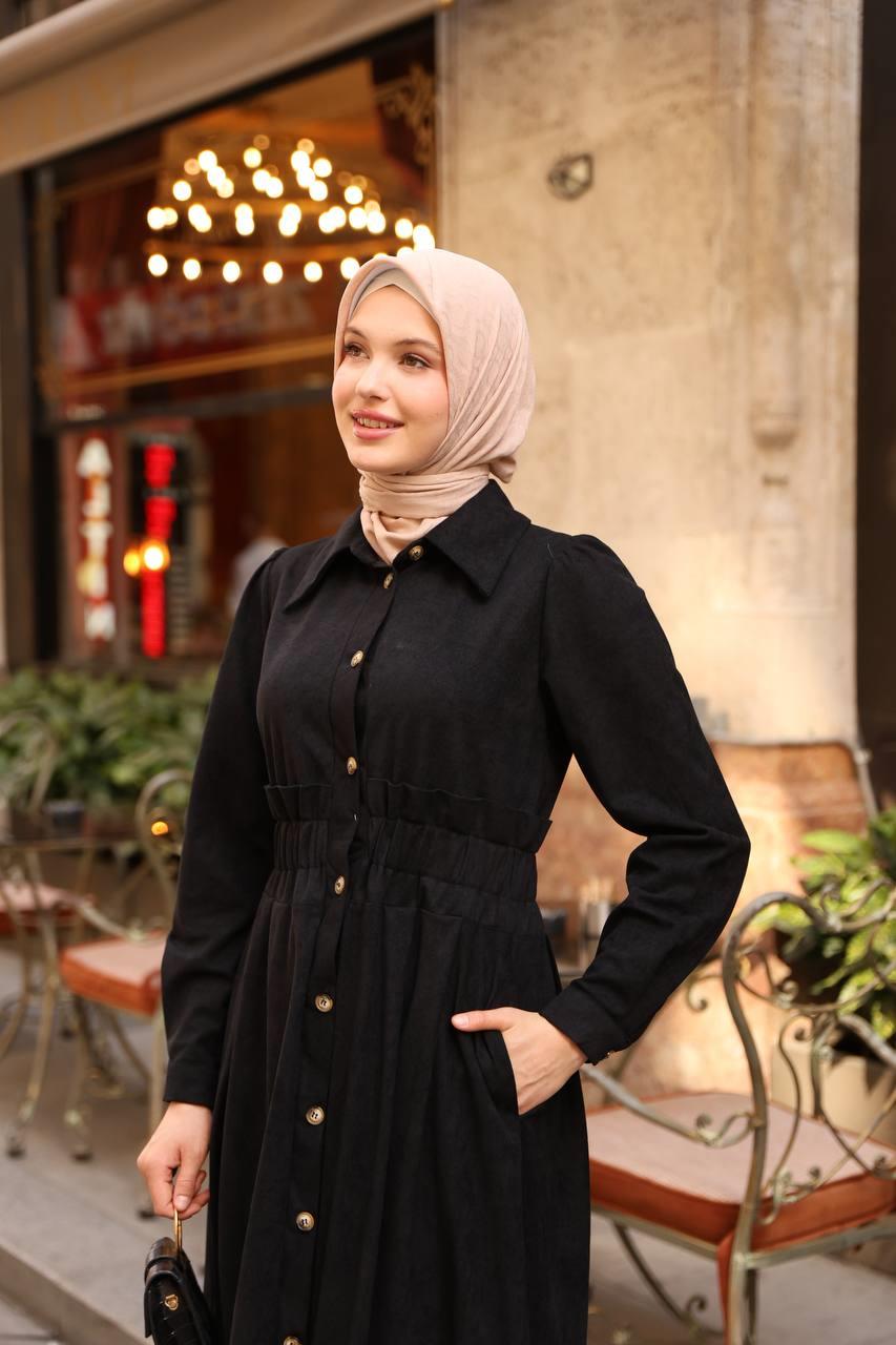 7063 Fırfırlı Kışlık Elbise - Siyah