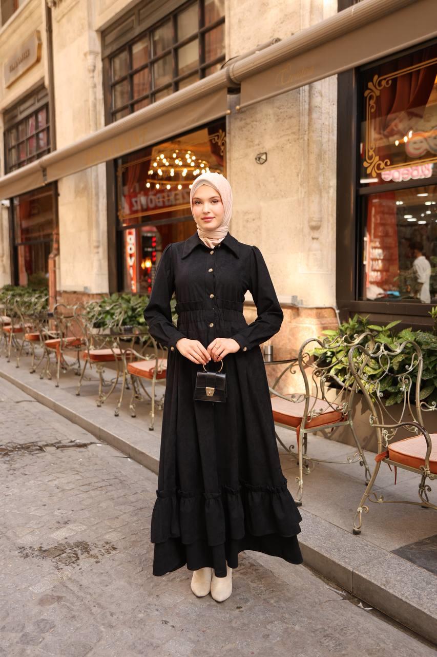 7063 Fırfırlı Kışlık Elbise - Siyah