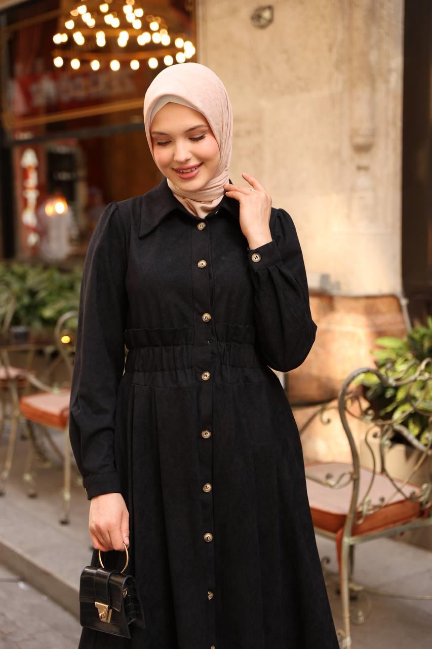 7063 Fırfırlı Kışlık Elbise - Siyah