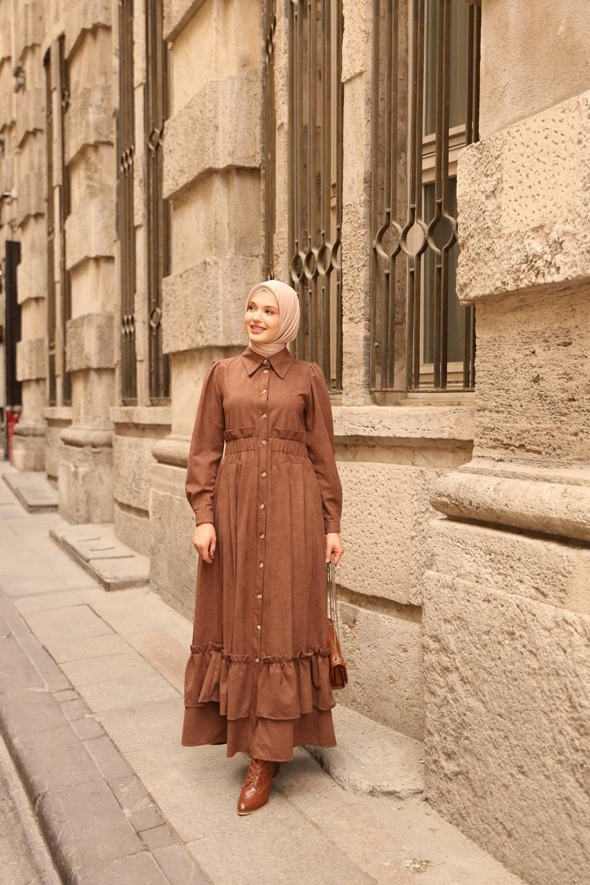 7063 Fırfırlı Kışlık Elbise - Taba