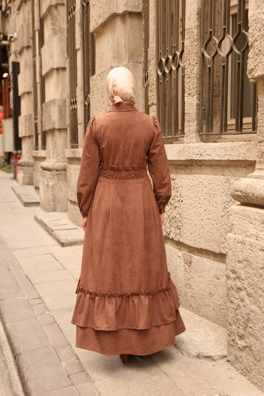 7063 Fırfırlı Kışlık Elbise - Taba