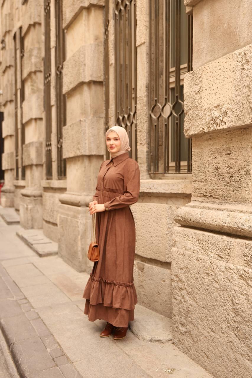 7063 Fırfırlı Kışlık Elbise - Taba