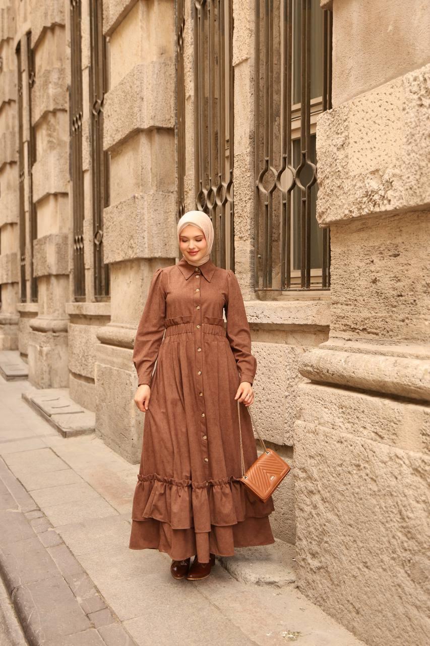 7063 Fırfırlı Kışlık Elbise - Taba