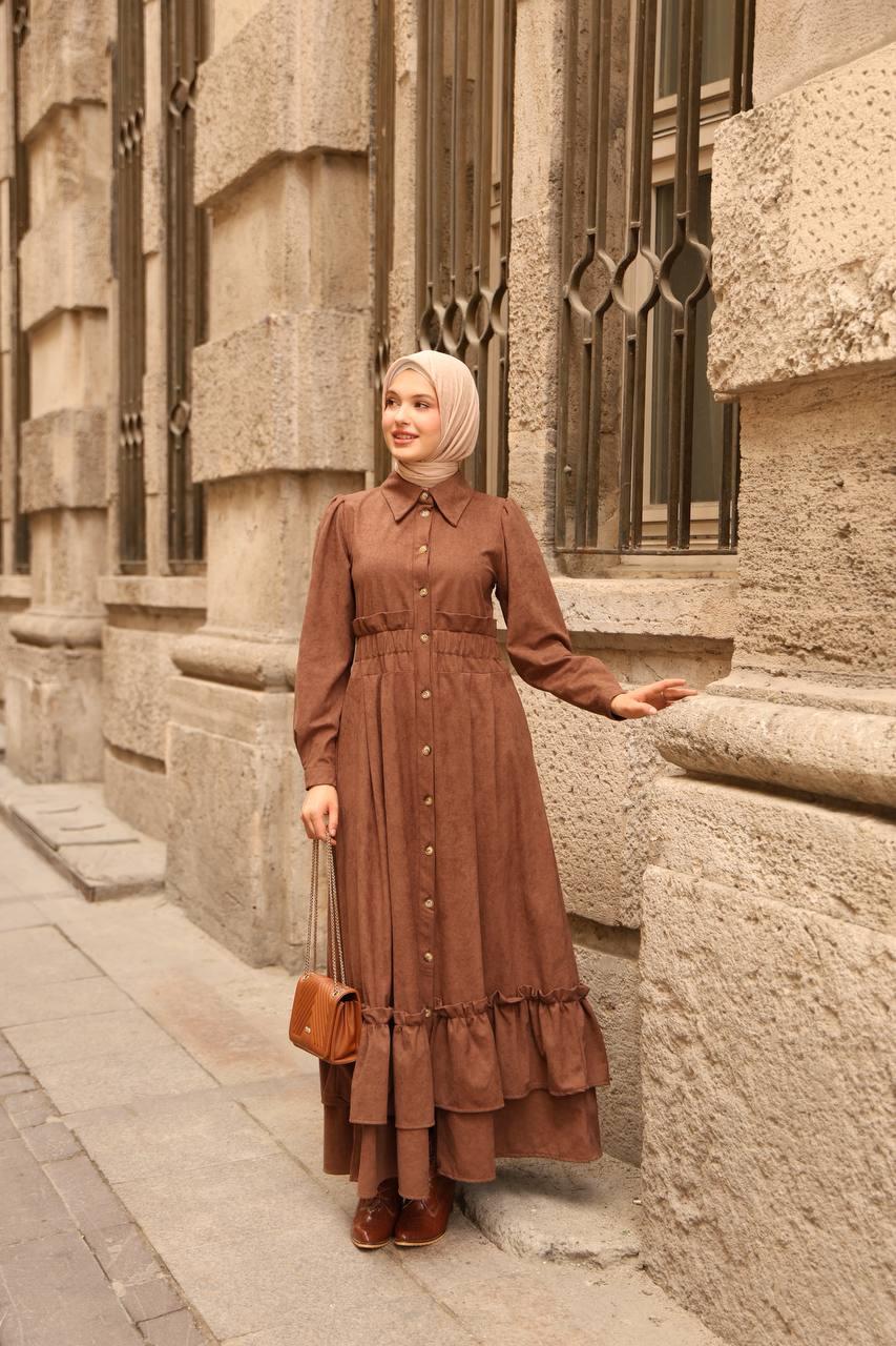 7063 Fırfırlı Kışlık Elbise - Taba