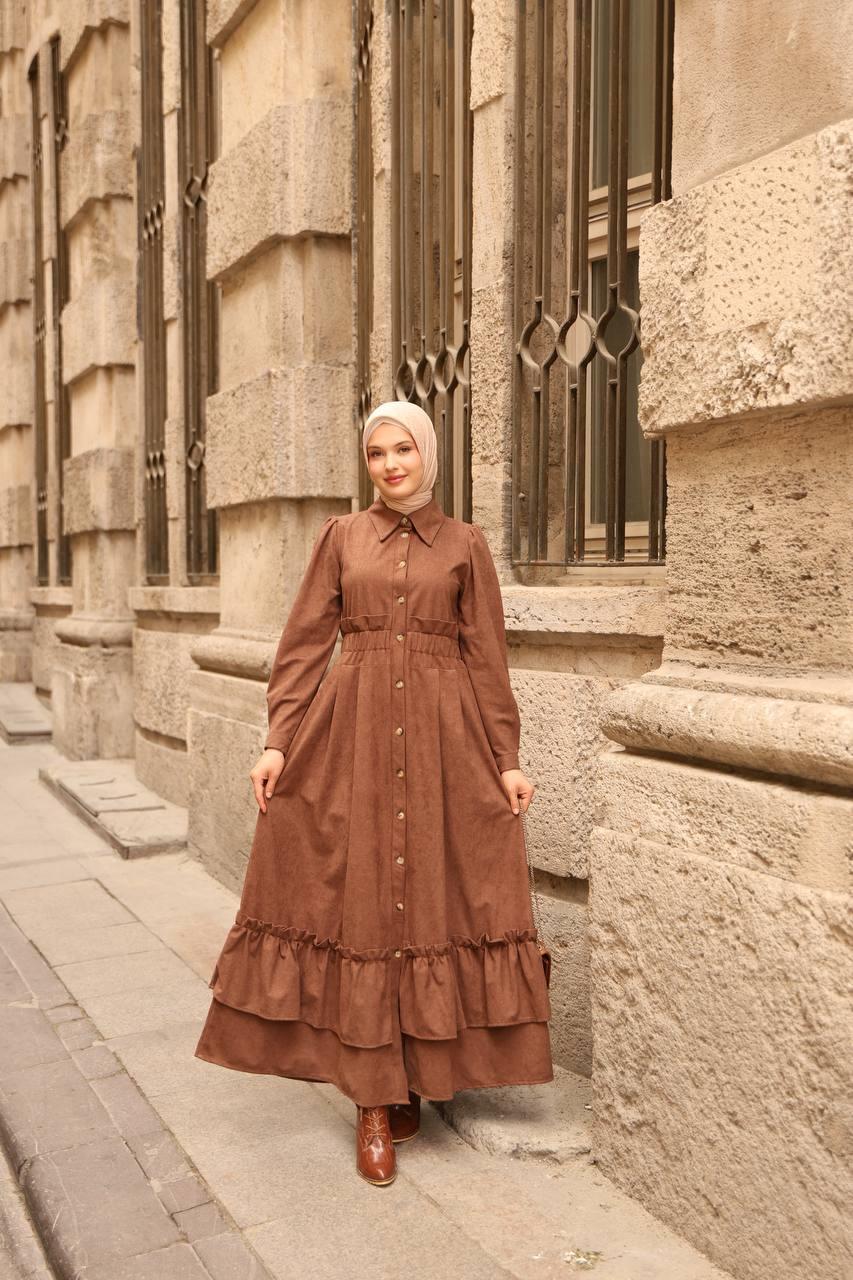 7063 Fırfırlı Kışlık Elbise - Taba