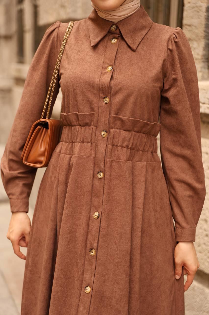 7063 Fırfırlı Kışlık Elbise - Taba