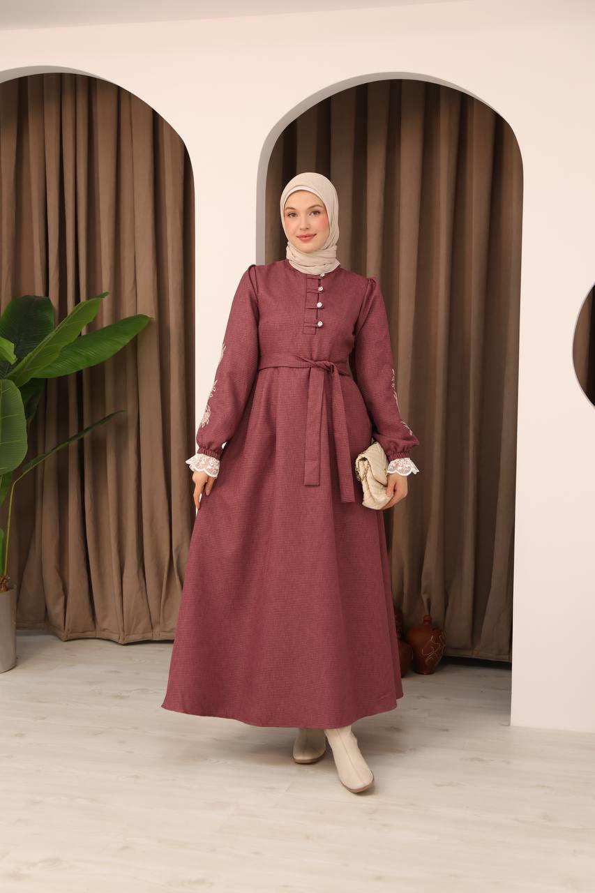 7066 Dantelli ve İşlemli Elbise - Gül kurusu