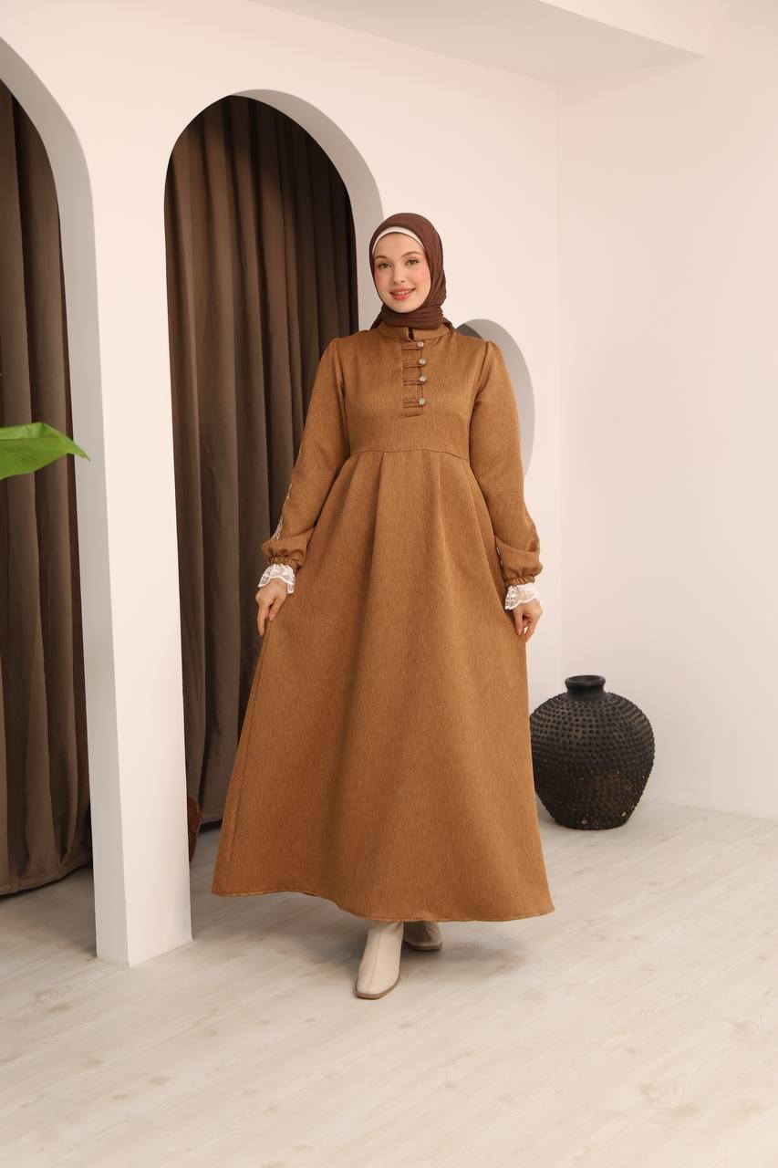 7066 Dantelli ve İşlemli Elbise - Kiremit