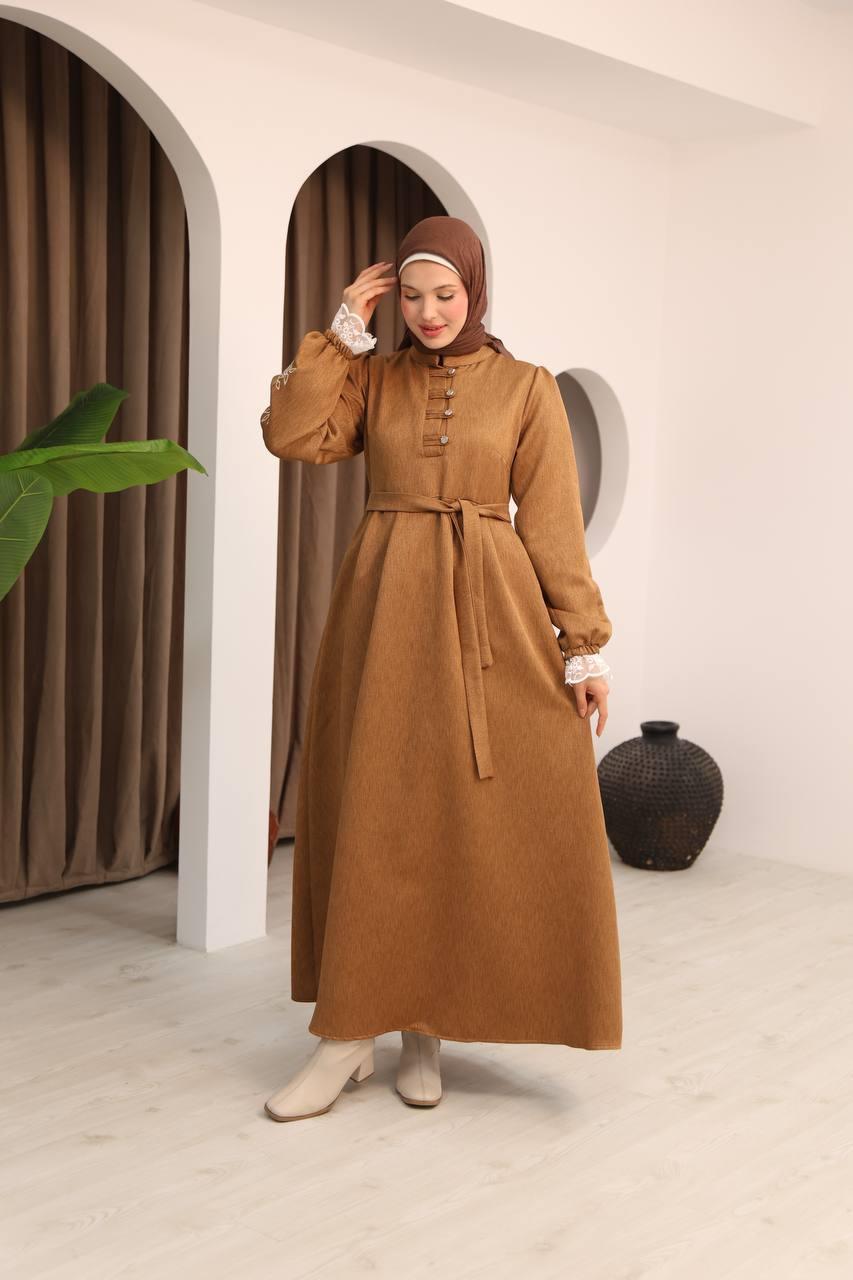 7066 Dantelli ve İşlemli Elbise - Kiremit