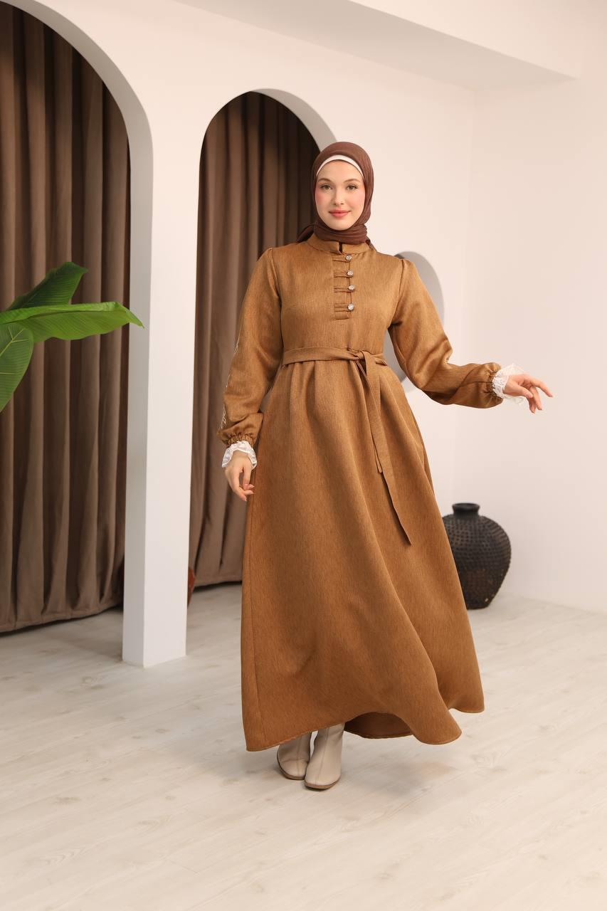 7066 Dantelli ve İşlemli Elbise - Kiremit
