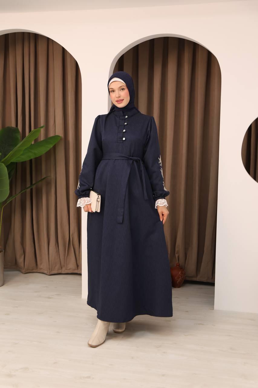 7066 Dantelli ve İşlemli Elbise - Lacivert