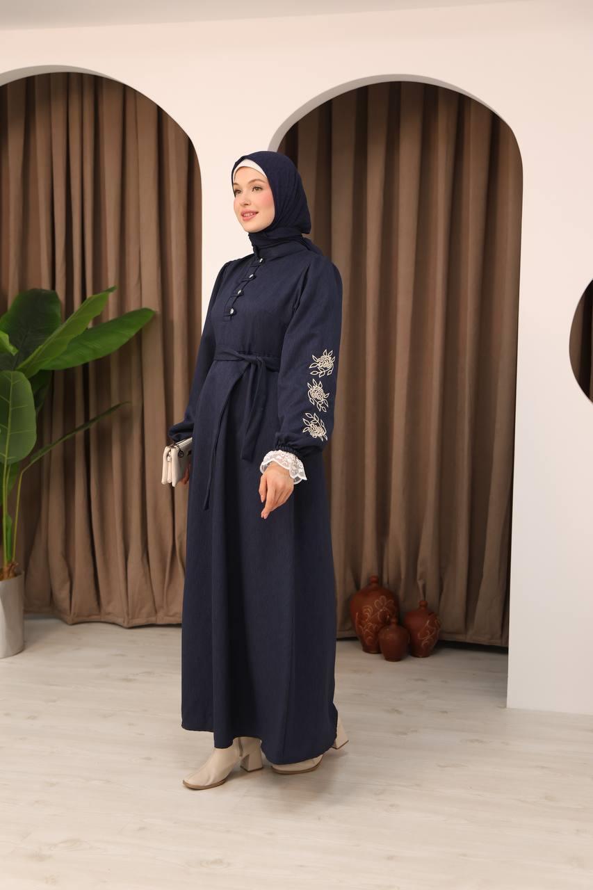 7066 Dantelli ve İşlemli Elbise - Lacivert