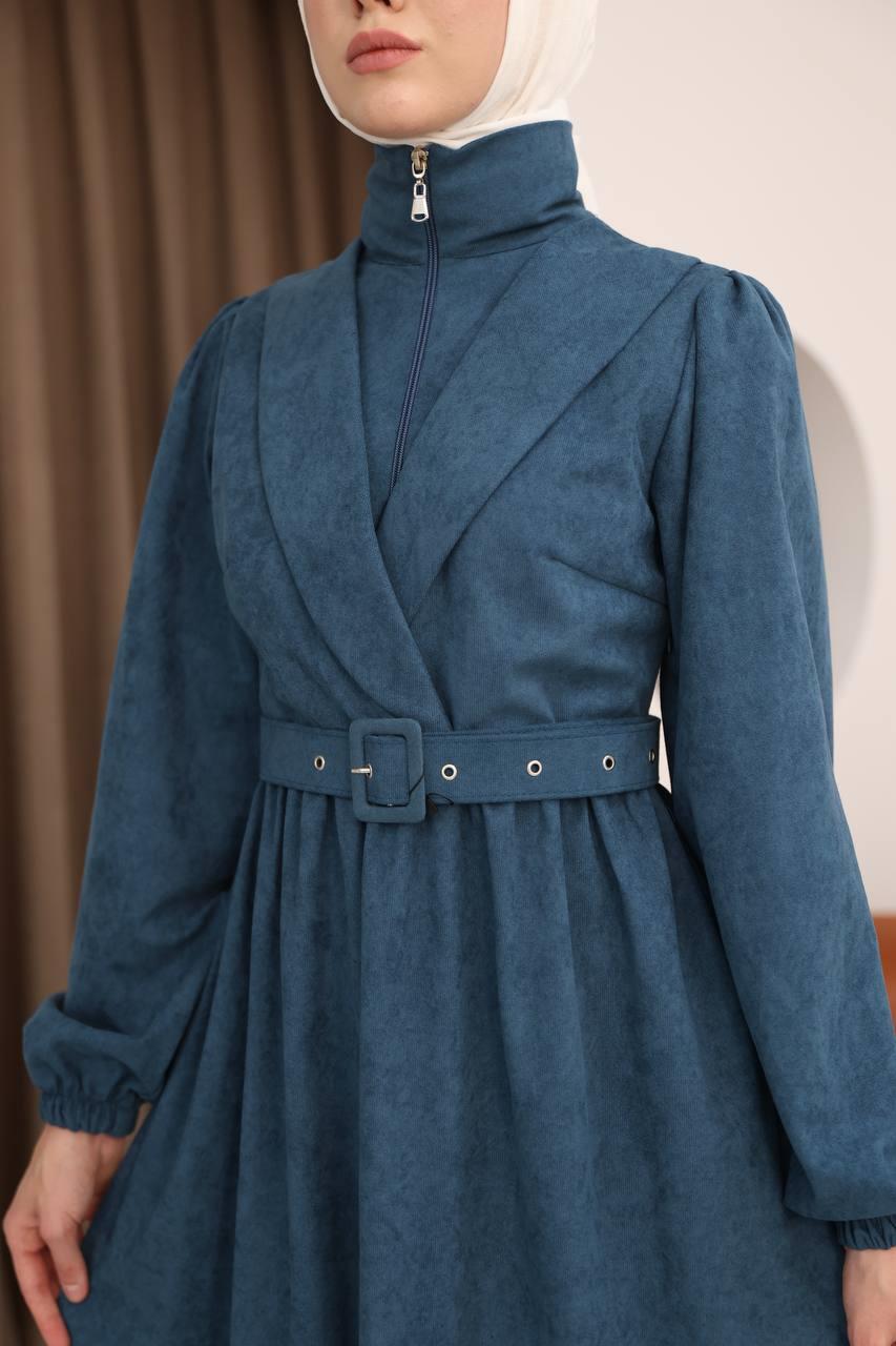 7067 Kemer Detaylı Elbise - Petrol