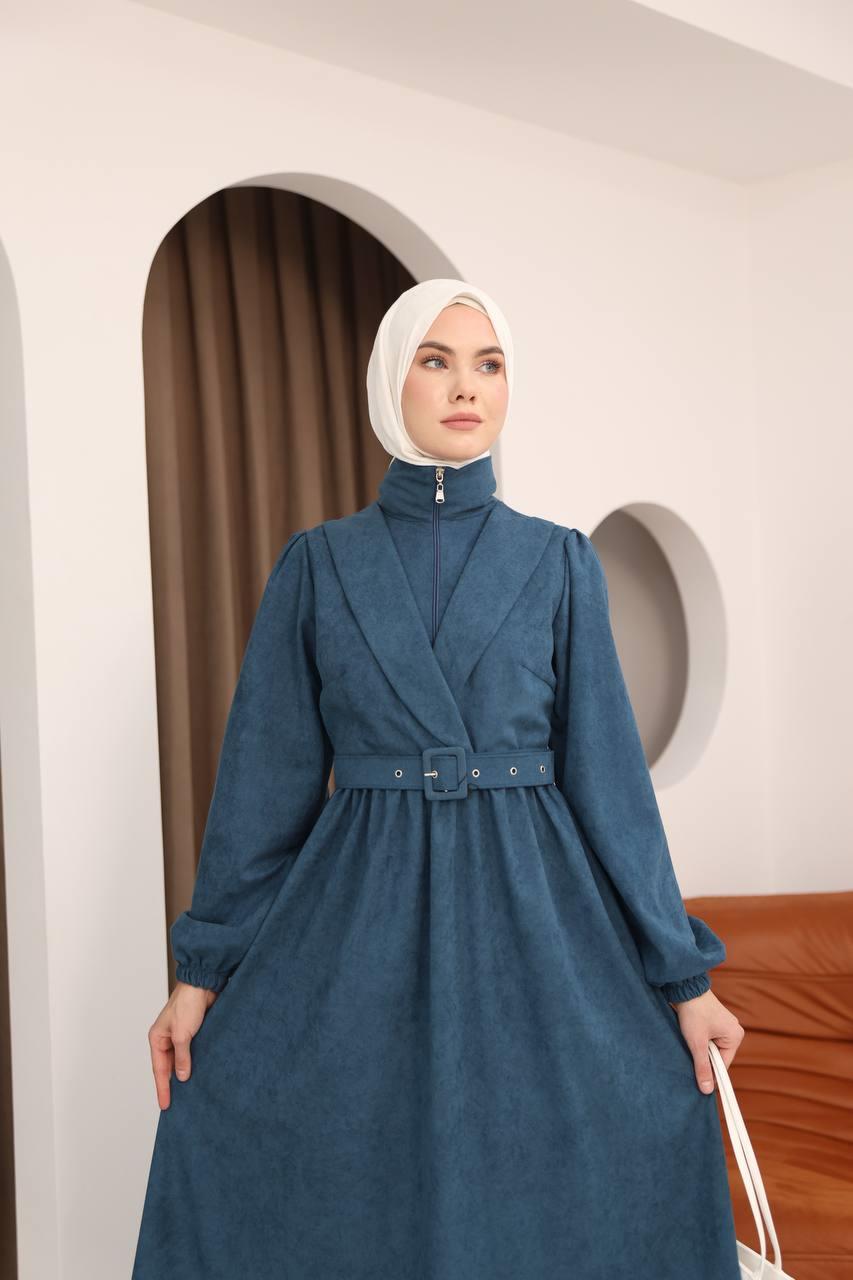 7067 Kemer Detaylı Elbise - Petrol