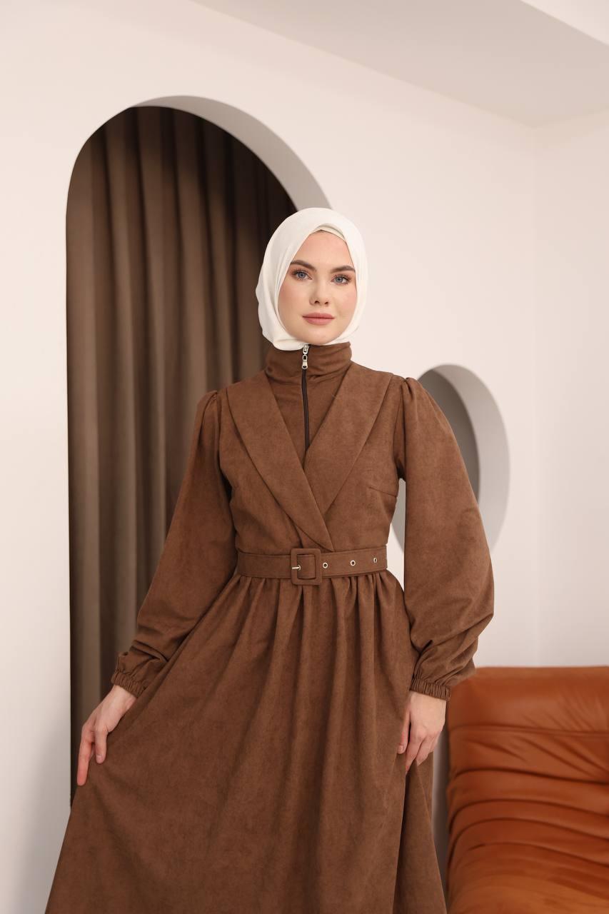 7067 Kemer Detaylı Elbise - Taba